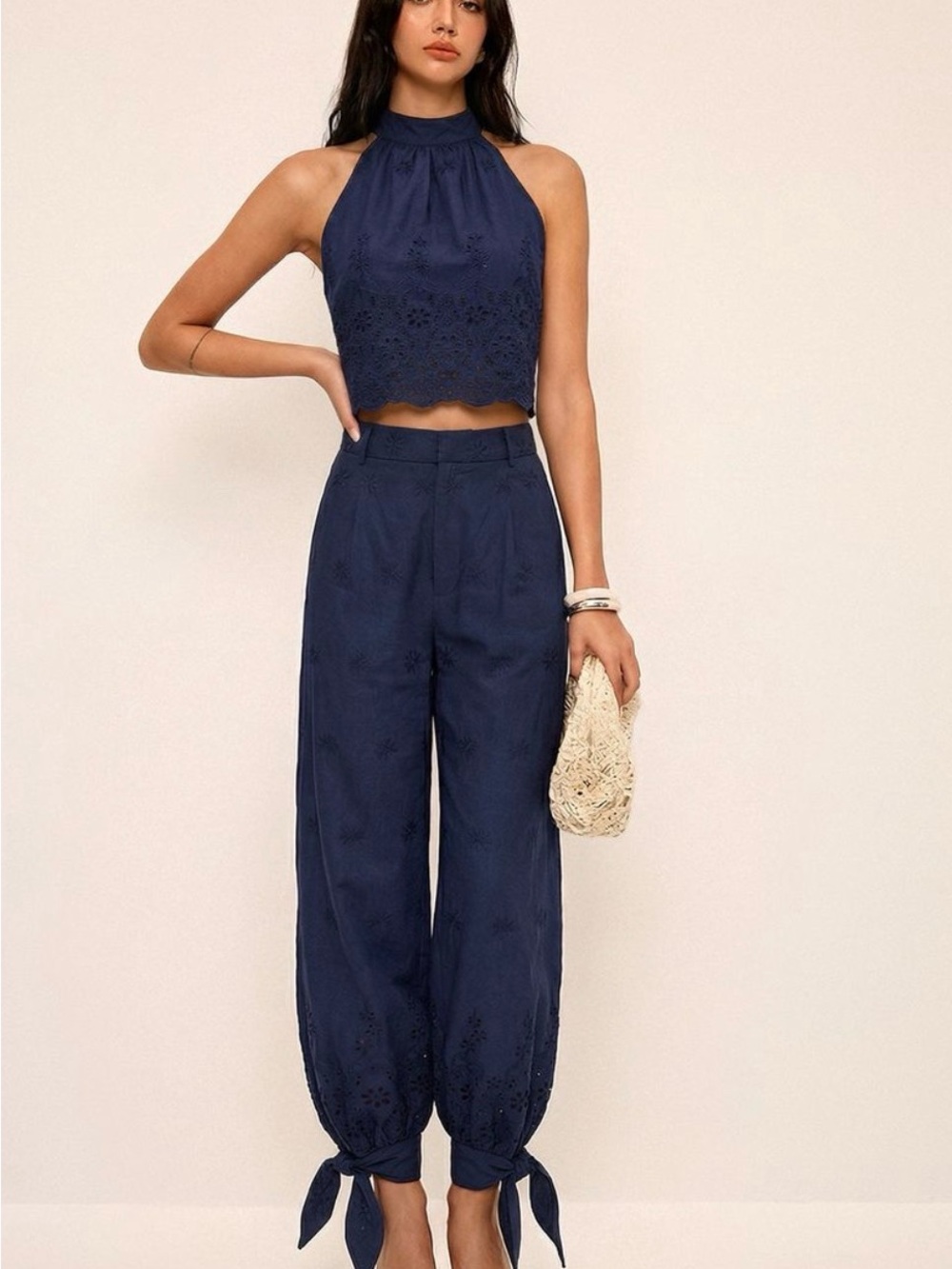 Commense Navy Eyelet Wide-Leg Tie-Hem Pants